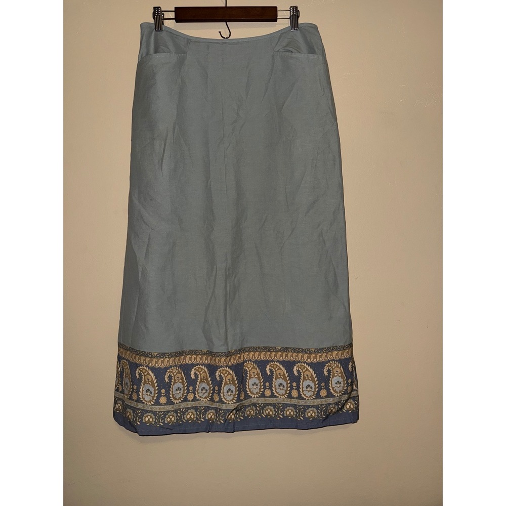 Sundance Silk Linen Paisley Maxi Skirt Green Blue 12 Pockets Lagenlook Minimlist